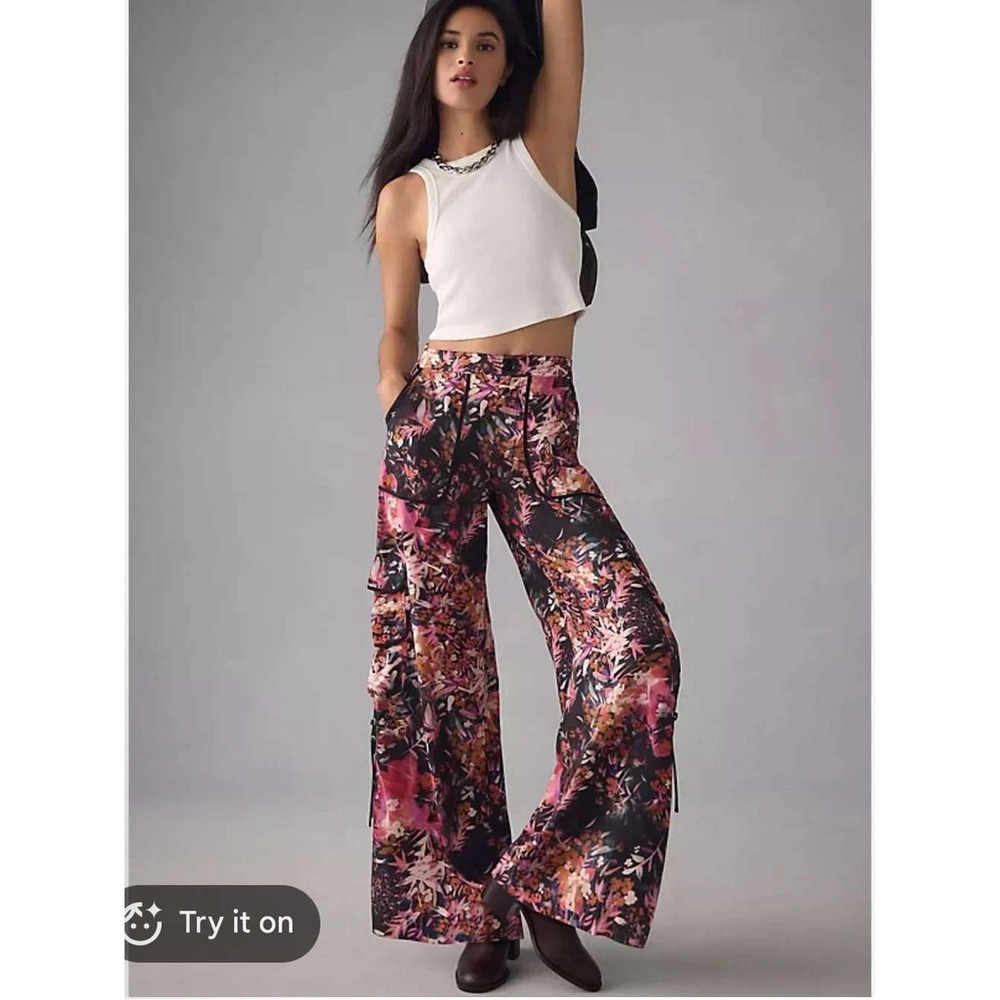 Anthropologie Palazzo Utility Cargo Pants Womens Flowy Floral Size 4 Pink Rose